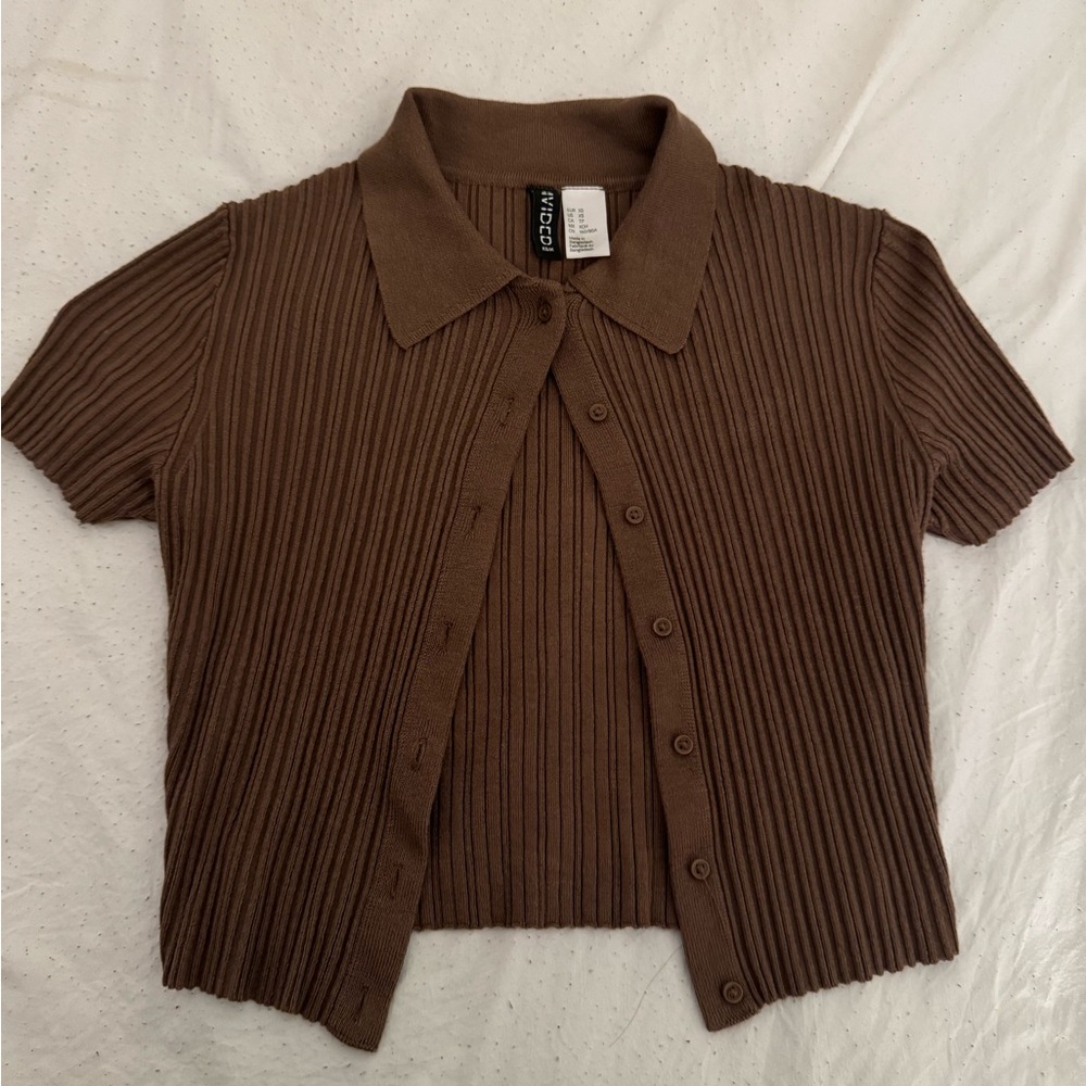 H&M Ribbed Brown Polo Crop Top
